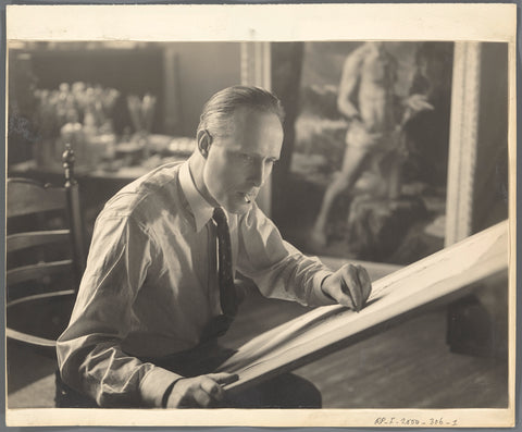 Portrait of Carel Willink drawing in his studio, with the painting 'The Hermit' (1938) in the background, Jacob Merkelbach, 1938 - 1940 Canvas Print