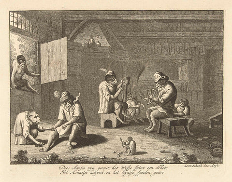 Monkey Family in Their Home, Leonard Schenk (possibly), 1720 Canvas Print