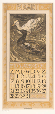 Calendar sheet march with a black and a white duck, Theo van Hoytema, 1908 Canvas Print
