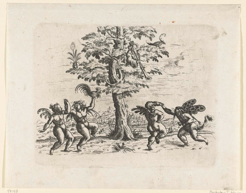Four putti dancing two to two at a tree, Christoph Jamnitzer, 1573 - 1610 Canvas Print