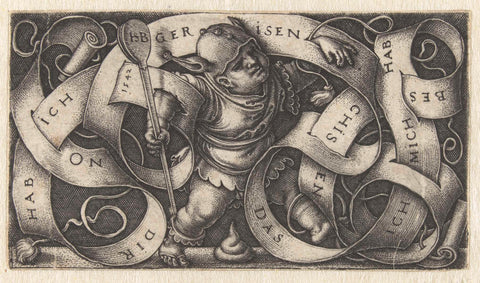 Flat decoration: jester with a banderolle with text, Hans Sebald Beham, 1510 - 1542 Canvas Print