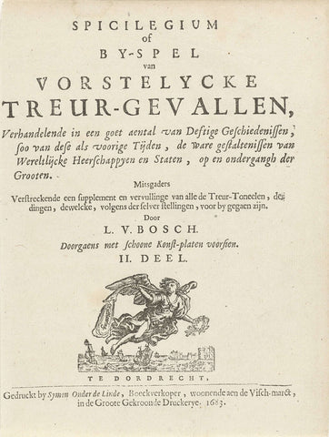 Title page for: L. van den Bos, Spicilegium of by-spel van vorstelycke treur-gevallen; part 2 of: Het toneel der ongevallen, 1683, Arnold Houbraken, 1683 Canvas Print