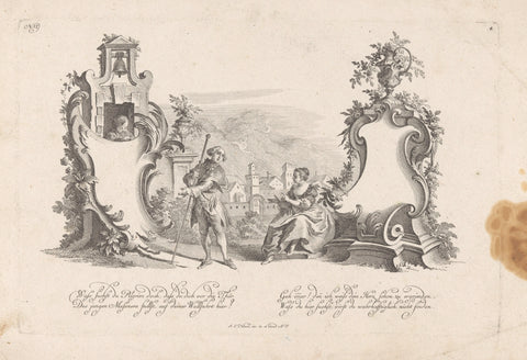 Cartouches with pilgrim and wife, Johann Esaias Nilson, 1731 - 1788 Canvas Print