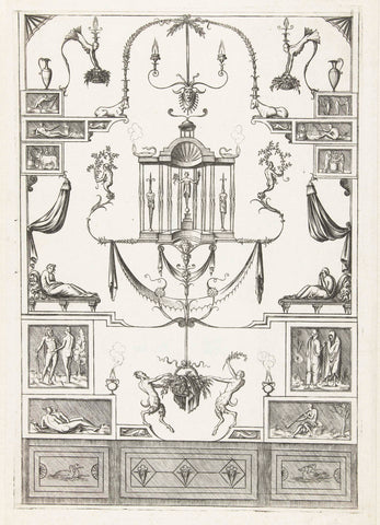 Architectural fantasy with two satyrs at the bottom on either side of a basket, anonymous, c. 1530 - c. 1540 Canvas Print