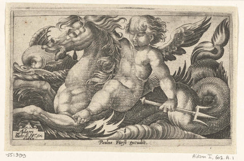 Putto with a trident, riding a seahorse, Adam Fuchs, c. 1526 - 1606 Canvas Print