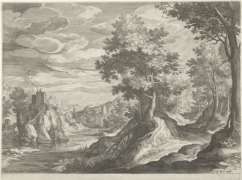 River landscape with a castle, Johann Sadeler (I), 1595 - 1600 Canvas Print