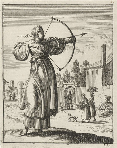 Woman shoots with bow and arrow, Jan Luyken, 1687 Canvas Print