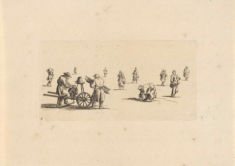 Study sheet with figures including a knife sharpener, anonymous, 1675 - 1711 Canvas Print