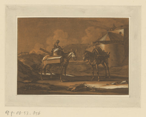 Two packed horses outside city wall, on one a child seated, Christian Rugendas, 1718 - 1781 Canvas Print