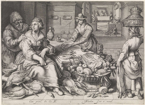 Kitchen Piece with Parable of the Rich Man and the Poor Lazarus, Jacob Matham, 1603 Canvas Print