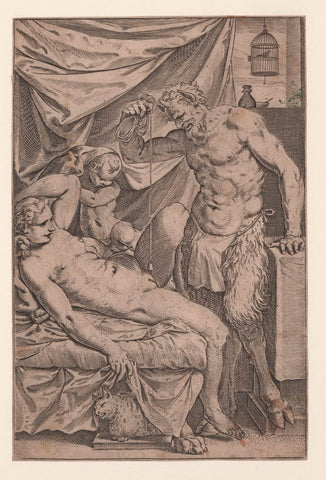 Nymph and satyr with plumb, Agostino Carracci, c. 1590 - c. 1595 Canvas Print