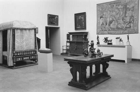 Room with furniture including cupboards, cot, statues and tapestry, 1952 Canvas Print