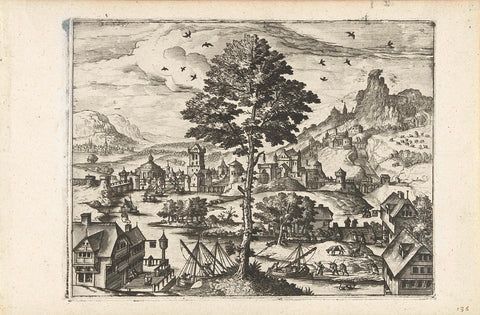 Landscape with town by river, Joannes van Doetechum (I) (attributed to), in or after 1570 - c. 1580 Canvas Print