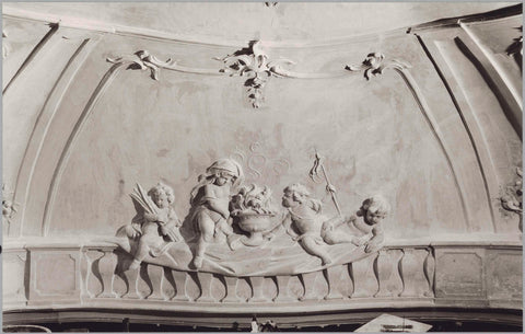 Detail of ceiling with putti at a fire (Winter), during restoration, 1982 Canvas Print