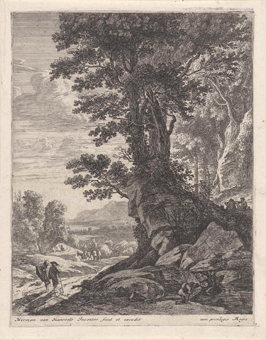 Landscape with a Group of Trees and Hikers, Herman van Swanebert, 1650 - 1655 Canvas Print