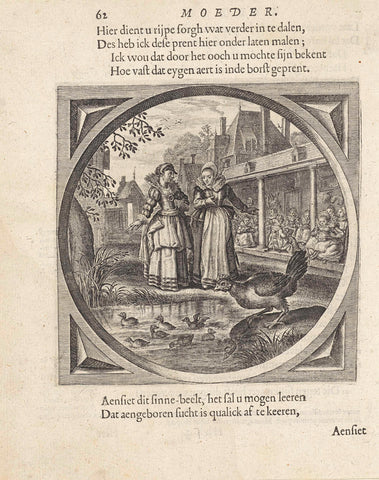 Two women at a hen with chicks on the water, Adriaen Pietersz. van de Venne, 1625 - 1635 Canvas Print