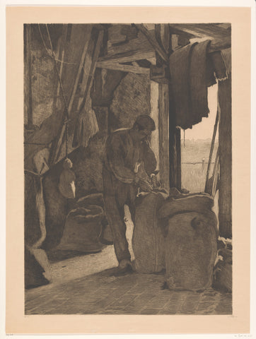 Molenaar in de korenmolen van Wijk bij Duurstede knots a bag shut, Willem Witsen, c. 1908 Canvas Print