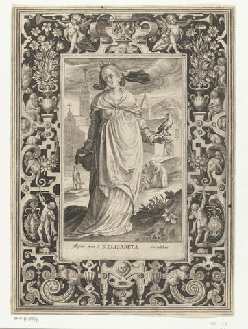 Saint Elizabeth of Hungary with pitcher and bird in ornamental frame, Nicolaes de Bruyn, 1581 - 1656 Canvas Print