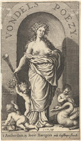 Muse Clio with trumpet and milk squirting from her breast, swan and putti at her feet, Cornelis van Dalen (I), 1644 Canvas Print