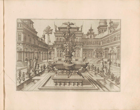 Town square with a fountain surrounded by statues and pots with plants, Joannes van Doetechum (I), 1568 Canvas Print