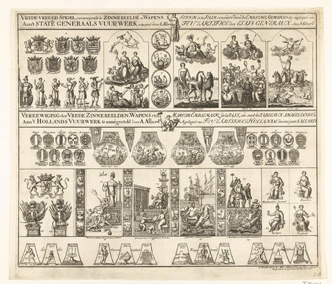 Decorations at the fireworks at the celebration of the Treaty of Utrecht, 1713, anonymous, 1713 Canvas Print