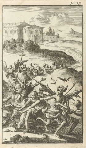 Devils are chased away by an angel with his followers, Jan Luyken, 1687 Canvas Print