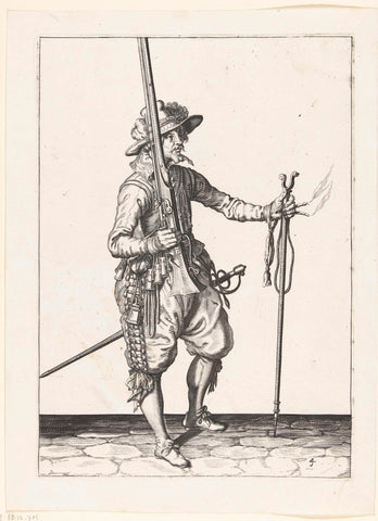 Soldier holding his musket upright with his right hand, in his left hand the furket to place his weapon on, Jacob de Gheyn (II) (workshop or), 1597 - 1607 Canvas Print