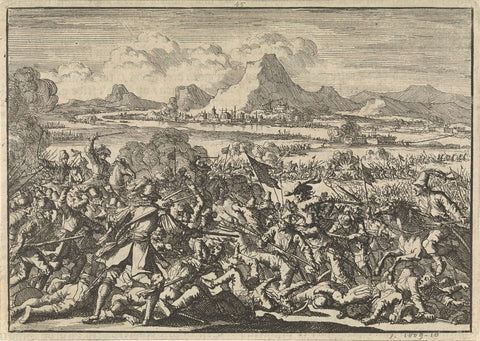 Imperial army defeated by the French at Mázia in Valtellina and hunted in the Adige, 1635, Jan Luyken, 1698 Canvas Print