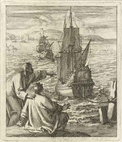 Figuren bekijken vanaf de wal twee schepen in de baai, Jan Luyken, 1689 Canvas Print