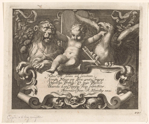 Title page with child between tamed lion and bird of prey on top of shield with verse, Boëtius Adamsz. Bolswert, 1611 - 1661 Canvas Print