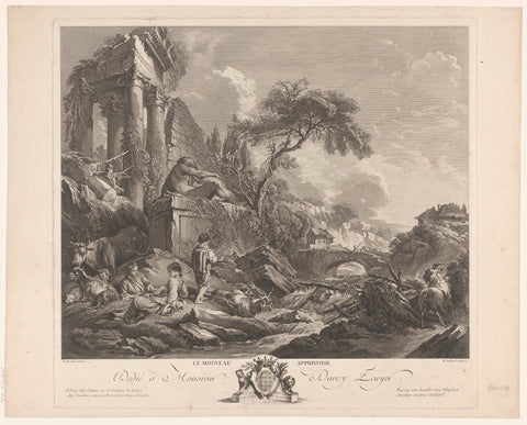 Resting shepherds in a river landscape with ruins, René Gaillard, 1729 - 1790 Canvas Print