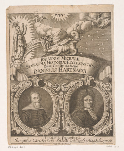 Allegorical title page with the portraits of Johannes Micraelius and Daniel Hartnack, Johann Christoph Boecklin, 1699 Canvas Print