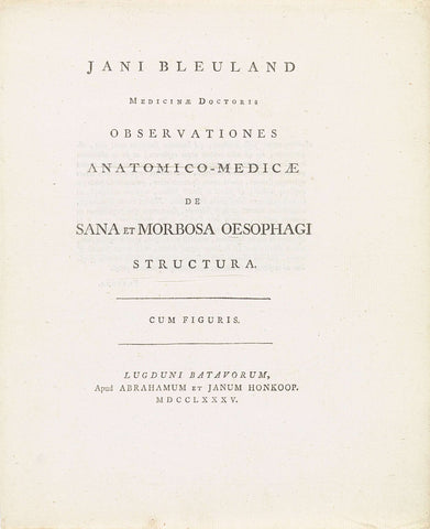 Titelpagina voor: Janus Bleuland, Observationes Anatomico-Medicae de Sana et Morbosa Oesophagi Structura, 1785, Jan Bleuland, 1785 Canvas Print