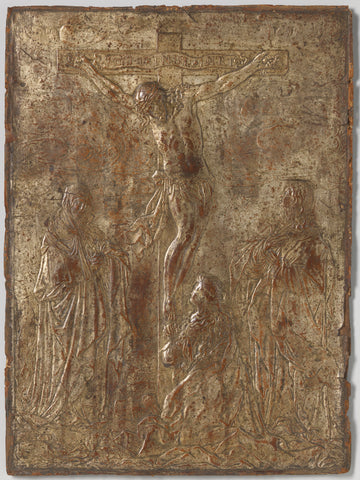 Panel of gilded leather with Crucifixion, Willem van den Heuvel (attributed to), 1655 - 1660 Canvas Print