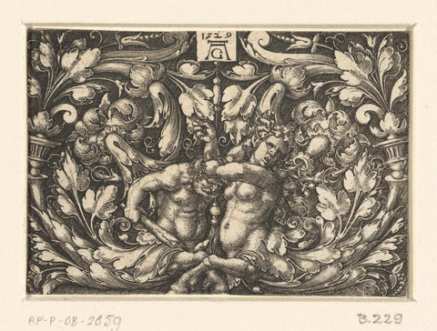 Two fighting centaurs between leaf vines, Heinrich Aldegrever, 1529 Canvas Print