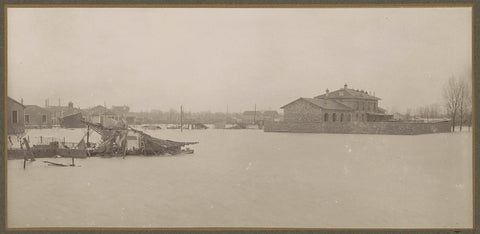 Panoramic photo of flooded and vandalized barns around a villa in a suburb of Paris, G. Dangereux, 1910 Canvas Print