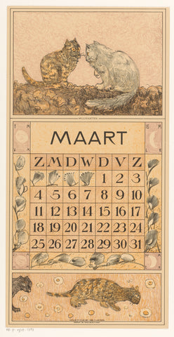 Calendar sheet march with two cats, Theo van Hoytema, 1916 Canvas Print