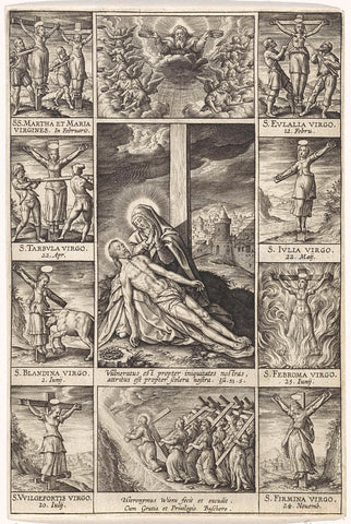 Pieta surrounded by scenes of crucified martyrs, Hieronymus Wierix, 1597 - 1619 Canvas Print