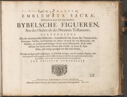 Title page for: J.P. Schabaelje, Den Grooten Emblemata Sacra, 1654, Jan Philipsz Schabaelje, 1654 Canvas Print