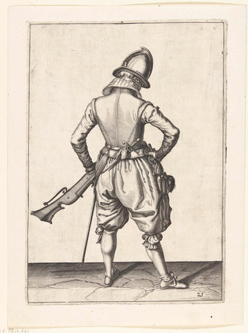 Soldier with a rudder who grabs his powder horn, Jacob de Gheyn (II) (workshop or), 1597 - 1607 Canvas Print