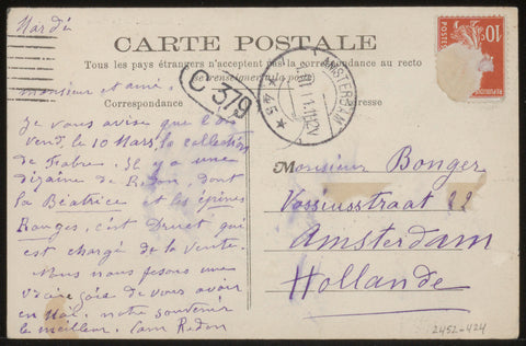 Postcard to Andries Bonger, Camille Redon, in or before 1911 Canvas Print