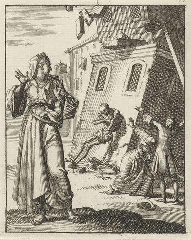 Woman looks back at a building that collapses because Death leans against it, Jan Luyken, 1687 Canvas Print