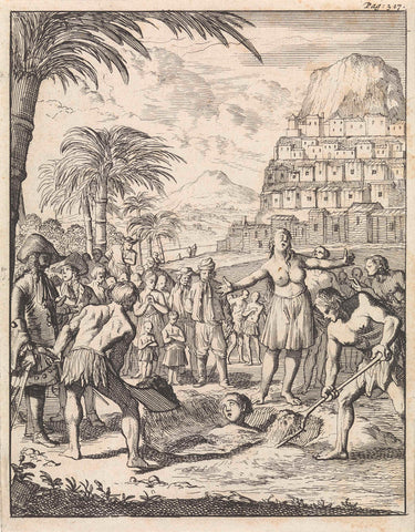 On the island of Formosa a man is buried alive as punishment for theft, Caspar Luyken, 1698 Canvas Print