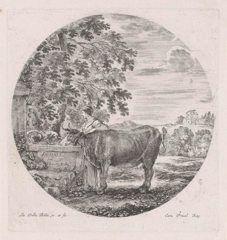 Title print with drinking cow in a landscape, Stefano della Bella, 1620 - 1664 Canvas Print