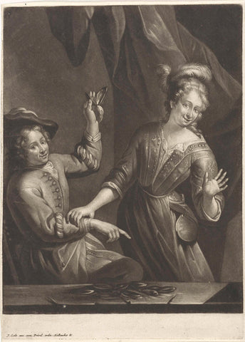 Young couple with oysters, Jacob Gole, 1670 - 1724 Canvas Print