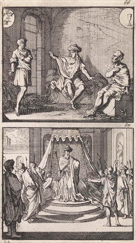 Joseph declares dreams in prison / Joseph declares the dreams of Pharaoh, Caspar Luyken, 1698 Canvas Print