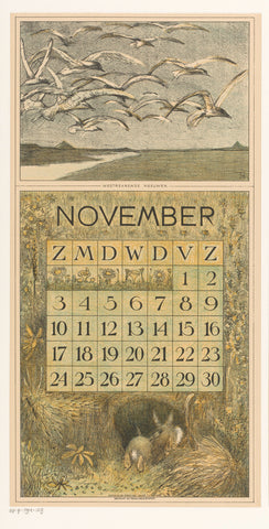 Calendar sheet November with gulls and rabbits, Theo van Hoytema, 1911 Canvas Print