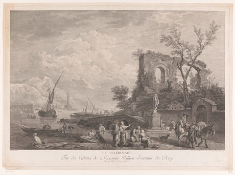 Harbour with ruins and pilgrims, Jean Daullé, 1760 Canvas Print