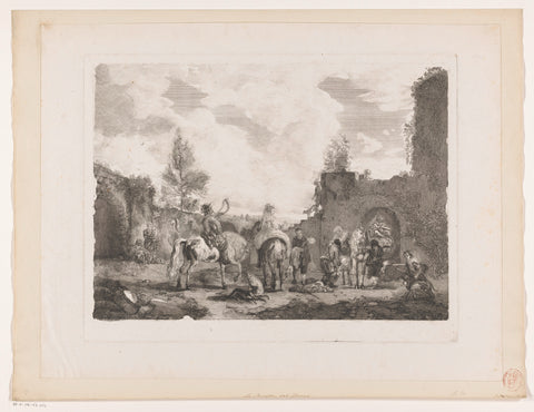 Resting hunting party in a courtyard, Jean Moyreau, 1749 Canvas Print