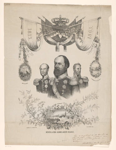 Plaque on the occasion of Dutch 50th anniversary of independence with portraits of Kings William I, II and III, anonymous, 1863 Canvas Print